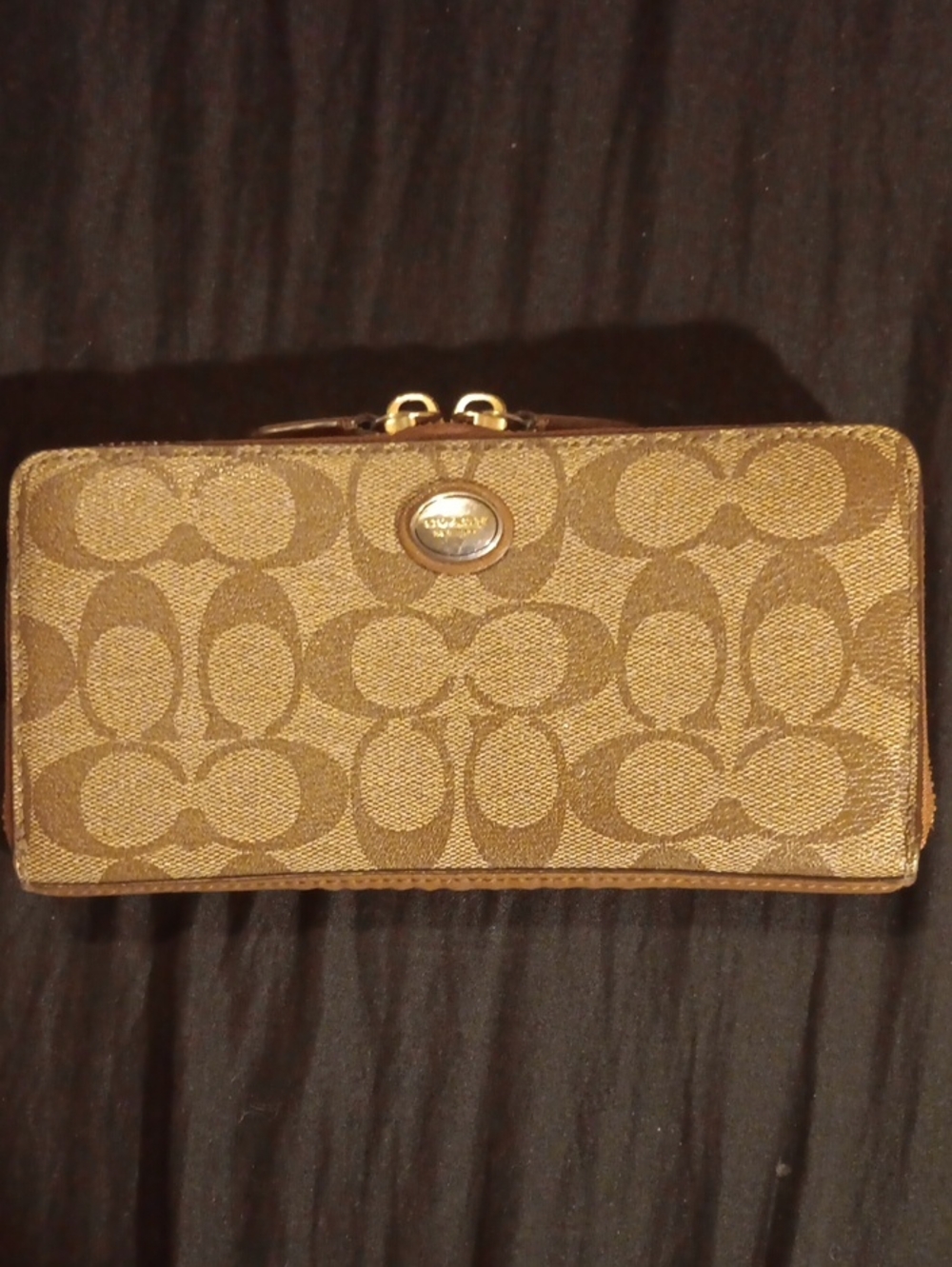 Coach Signature Jacquard Continental Wallet in Khaki Brown with Silver Hardware